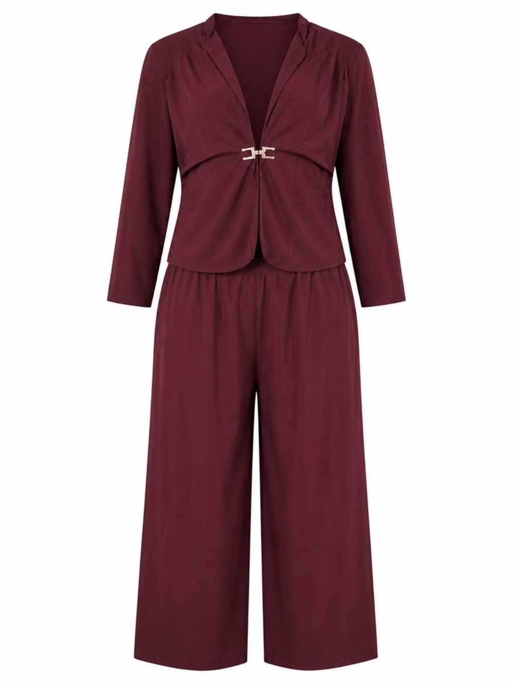Women’s Plus Outfit Set Wide Leg Pants & Top with Gold Accent Burgundy Size 3XL